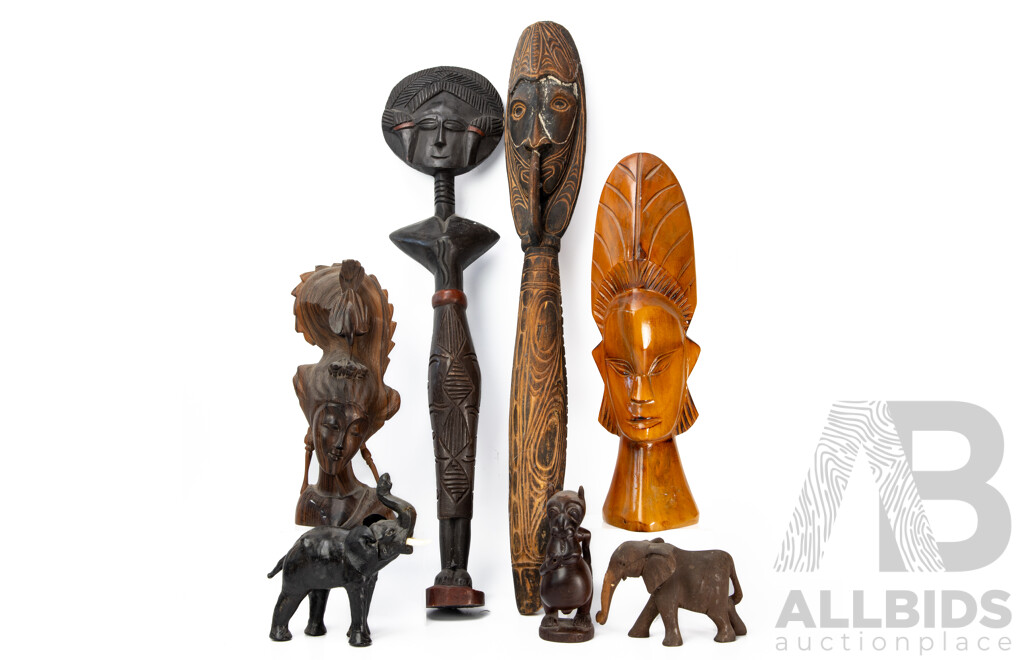Assorted Tribal-Style Carved Wooden Masks, Figurines & Animals