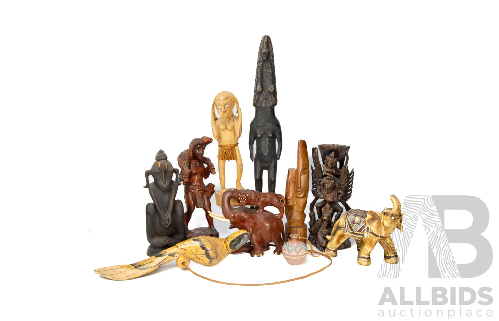 Assorted Tribal-Style Carved Wooden Masks, Figurines & Animals