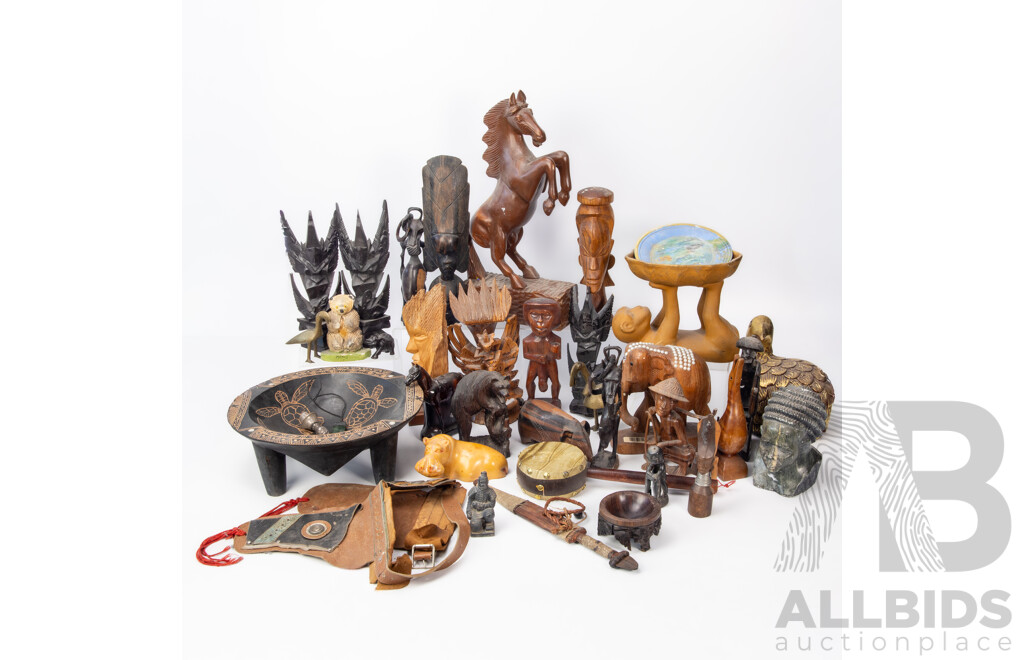 Large Mixed Lot of Carved Wooden Tourist Souvenir Figures and Decor