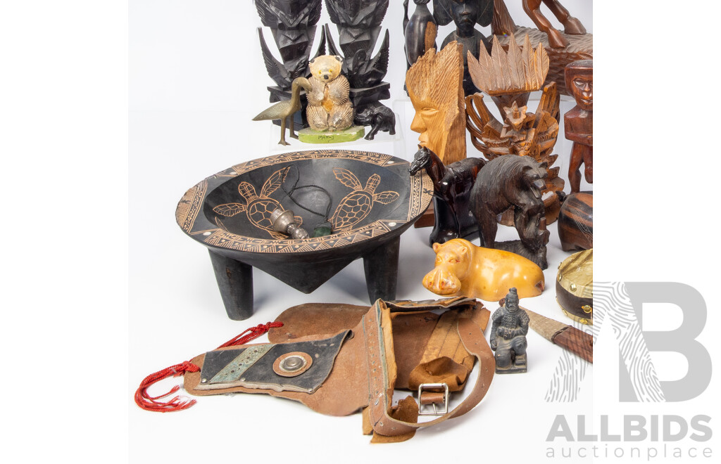 Large Mixed Lot of Carved Wooden Tourist Souvenir Figures and Decor