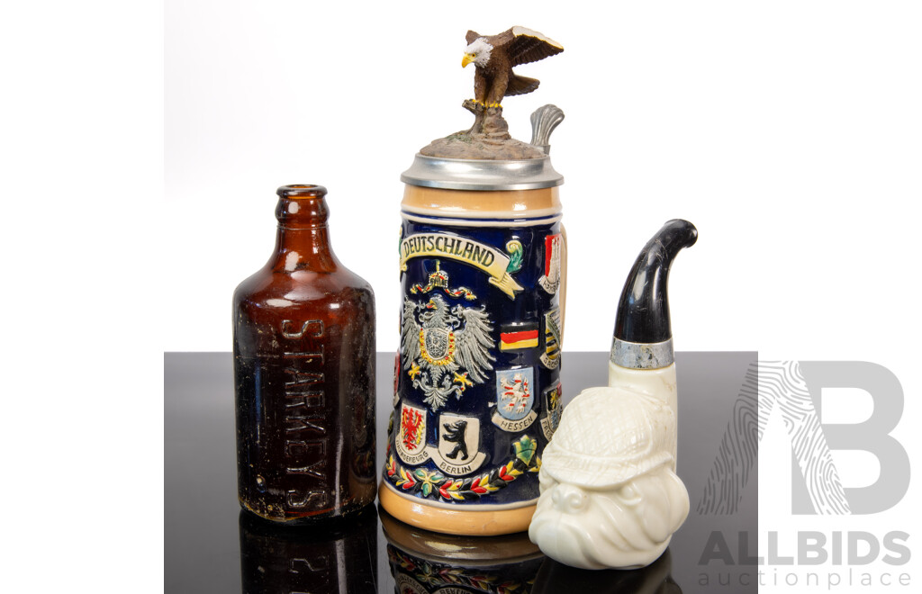 Avon Bulldog Pipe Decanter, Starkeys Ginger Beer Bottle  & Gerz Germany Beer Stein