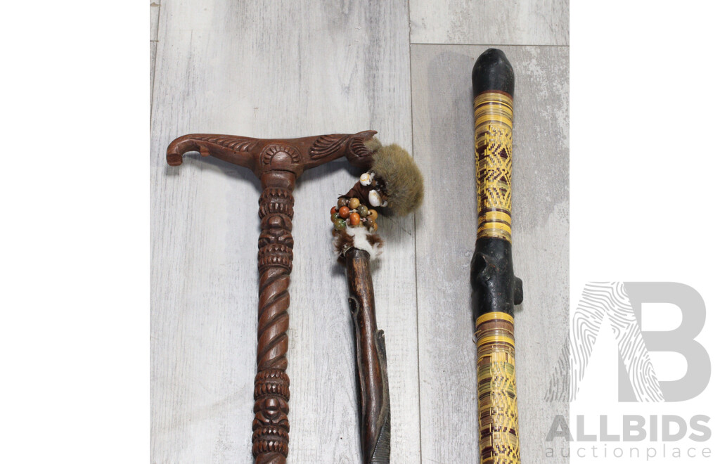 Collection Three PNG Wooden Staff Including Example with Cuccus Fur to Top