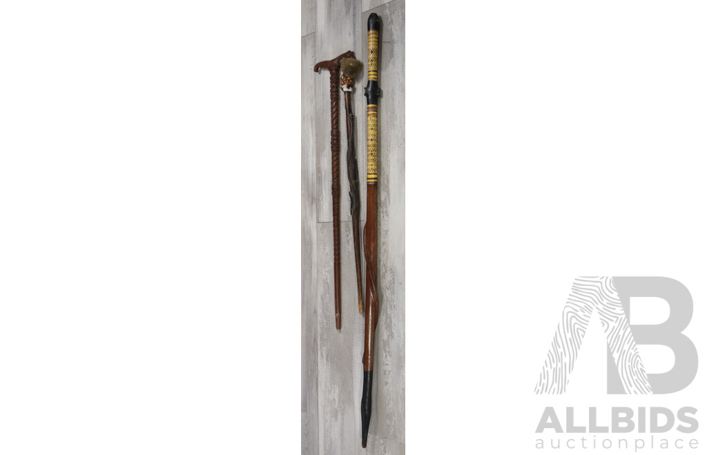 Collection Three PNG Wooden Staff Including Example with Cuccus Fur to Top