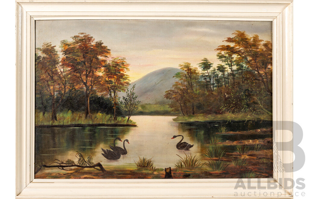 D. Chapple, (20th Century, Working 1920s), Black Swans on Lake (1924), Antique Oil on Canvas Cloth, 50 x 70 cm (frame)