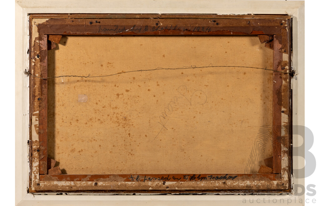 D. Chapple, (20th Century, Working 1920s), Black Swans on Lake (1924), Antique Oil on Canvas Cloth, 50 x 70 cm (frame)