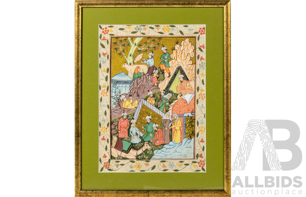 Artist Unknown, (Original Mughal School), Interpretation of Scene From Original Haft Awrang Text (c1492), Antique Victorian Period Natural Pigments on Fine Cotton Cloth, 36 5 x 28.5 cm (frame)