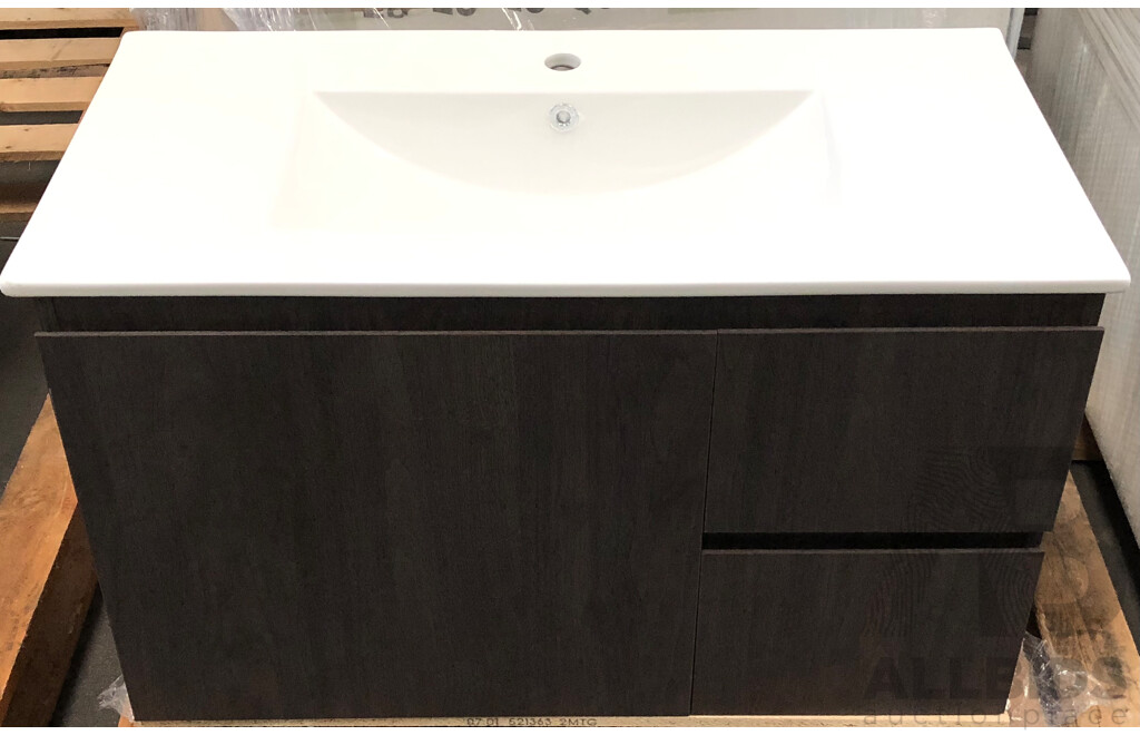 Marquis 900mm Wallmount Vanity - Vert Teak - RH Draws - with CASA Basin Top - Brand New