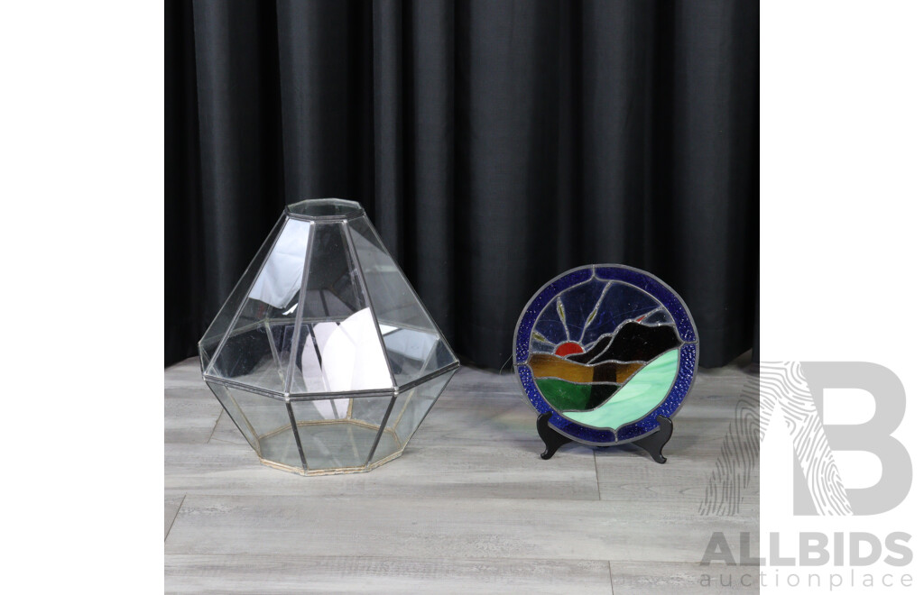 Vintage Hexagon Glass Terrarium with Stain Glass Round Window
