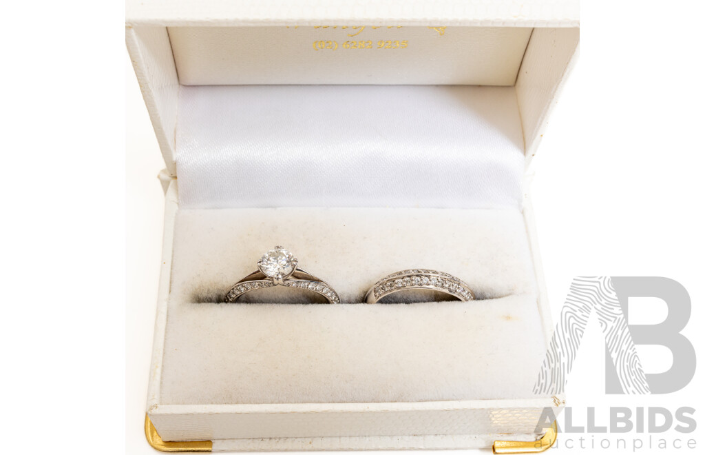 18ct White Gold Diamond Engagement & Wedding Ring Set, TDW 1.71ct, Size N1/2 & O, 8.13 Grams