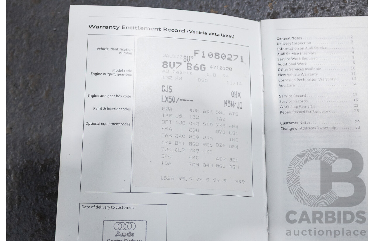 02/2015 Audi A3 1.8 TFSI AMBITION 8V MY15 2D Cabriolet Scuba Blue Turbo 1.8L