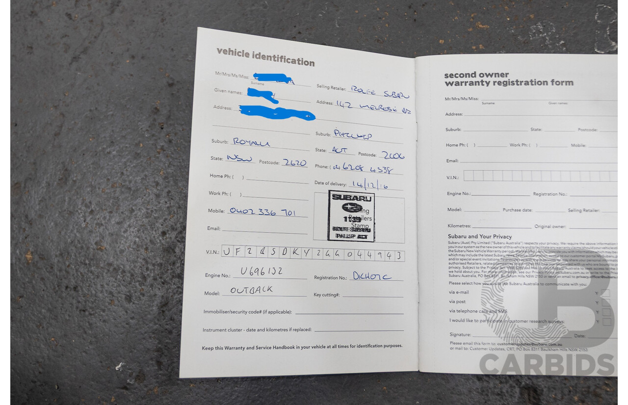 11/2016 Subaru Outback 2.0D Premium (AWD) MY16 4D Wagon Ice Silver Turbo Diesel 2.0L