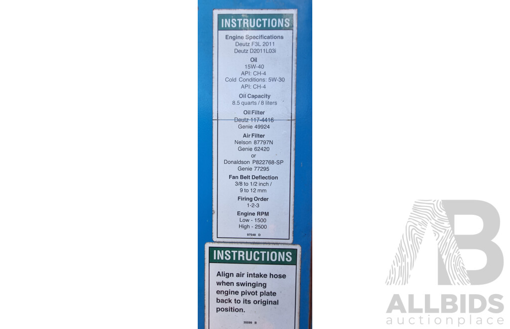 08/2008, 6.8 Tonne, 45ft Diesel Deutz F3L 2011, Telescopic Genie S-45 4WD - 13.7m Stick Boom Lift