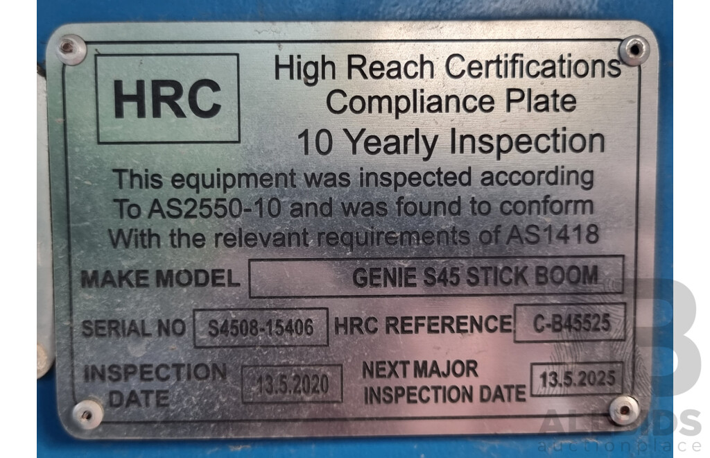 08/2008, 6.8 Tonne, 45ft Diesel Deutz F3L 2011, Telescopic Genie S-45 4WD - 13.7m Stick Boom Lift