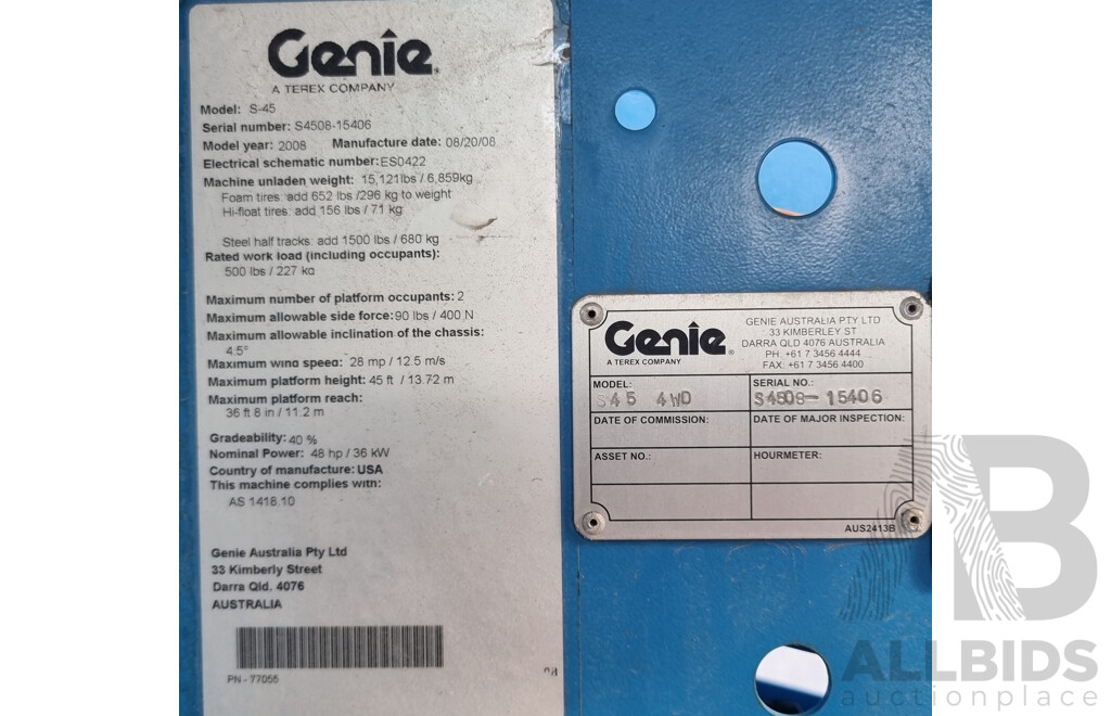 08/2008, 6.8 Tonne, 45ft Diesel Deutz F3L 2011, Telescopic Genie S-45 4WD - 13.7m Stick Boom Lift