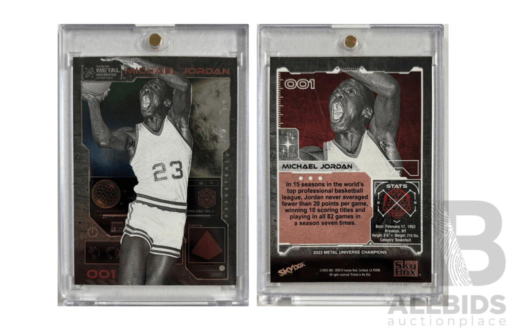 Striking Skybox Metal Universe Card of Michael Jordan Featuring Bold Black-and-white Action Art With Metallic Highlights.