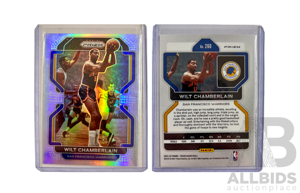 Panini Prizm Refractor Card Featuring Wilt Chamberlain in a Classic Retro-action Layout.