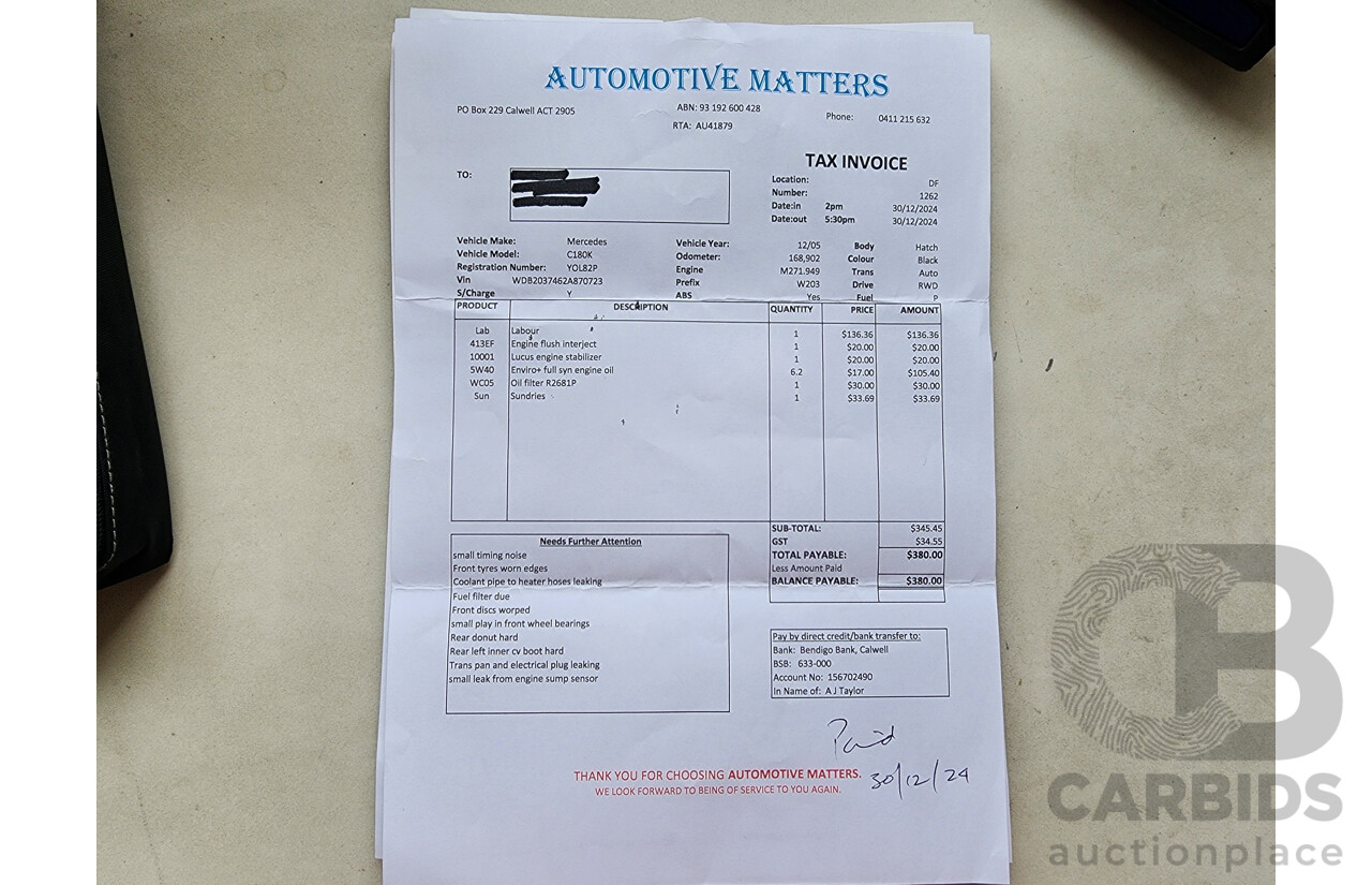 12/2005 Mercedes-Benz C180 Kompressor CL203 MY06 2d Coupe Black 1.8L