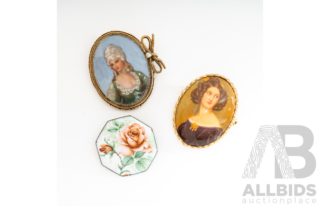 Vintage Miniature Portrait Brooches (2) with Enamel Rose Brooch