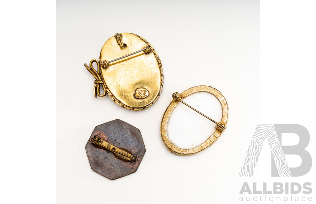 Vintage Miniature Portrait Brooches (2) with Enamel Rose Brooch