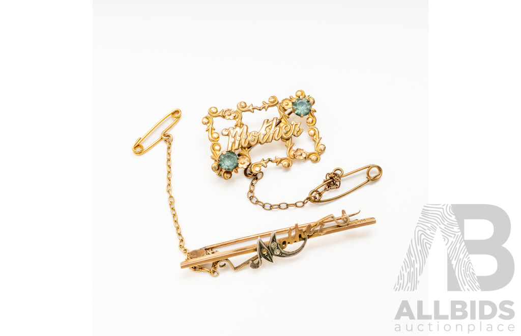 9ct Lined (2) Vintage 'Mother' Brooches with Paste Stones