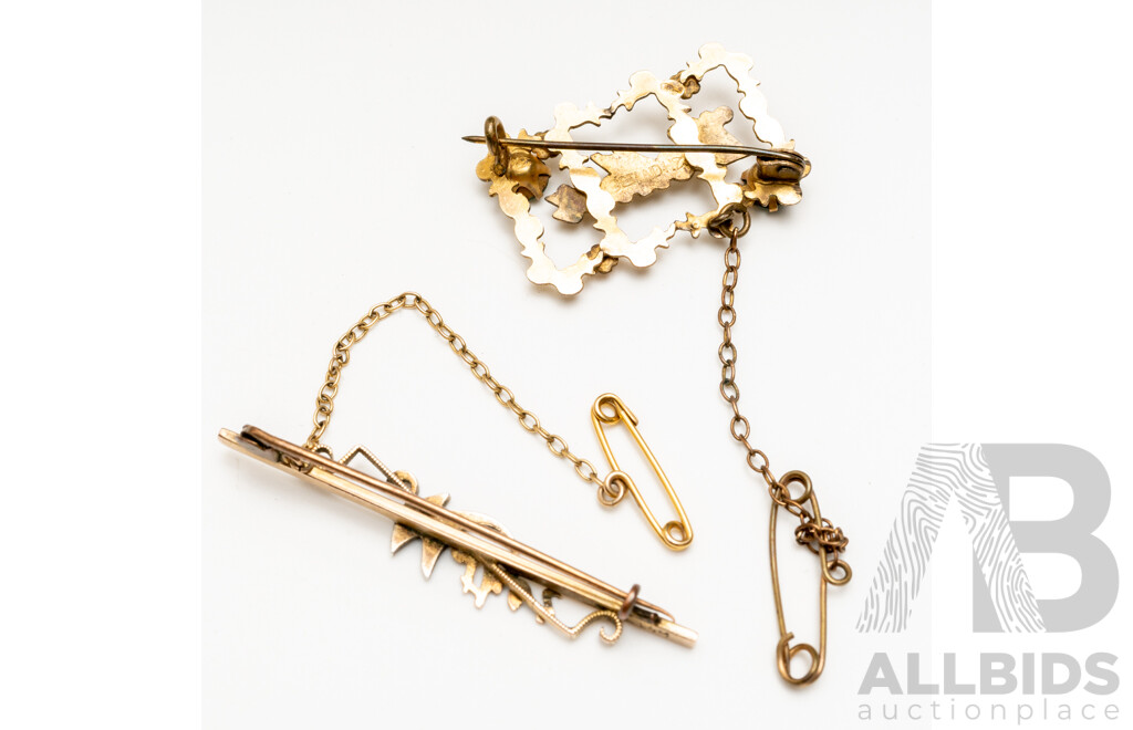 9ct Lined (2) Vintage 'Mother' Brooches with Paste Stones