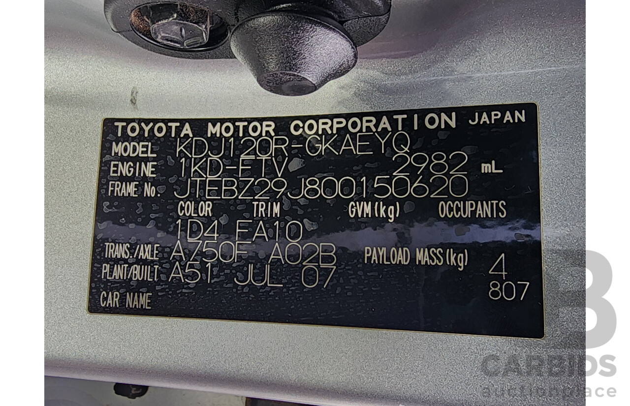 8/2007 Toyota Landcruiser Prado GXL (4x4) KDJ120R MY07 4d Wagon Silver 3.0L