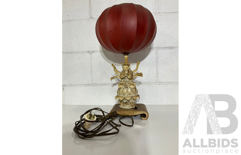 Gilt Painted Porcelain Table Lamp with Red Baloon Shade