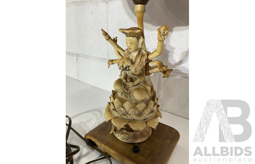 Gilt Painted Porcelain Table Lamp with Red Baloon Shade