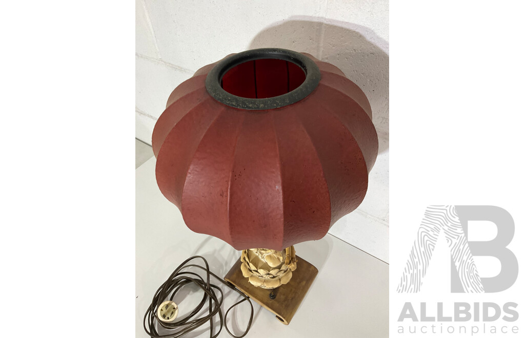 Gilt Painted Porcelain Table Lamp with Red Baloon Shade