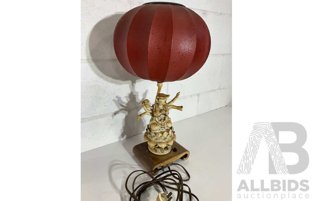 Gilt Painted Porcelain Table Lamp with Red Baloon Shade