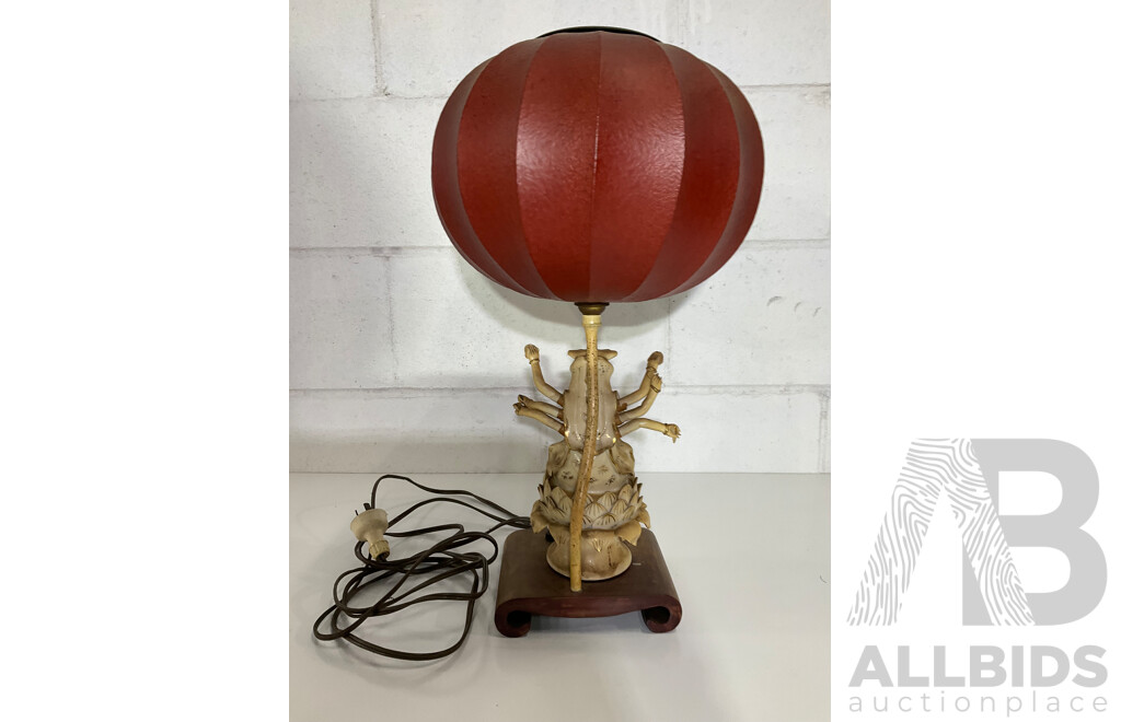 Gilt Painted Porcelain Table Lamp with Red Baloon Shade