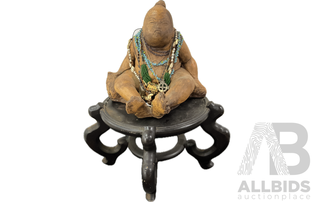 Large Glazed Terracotta Statue on Wooden Plinth