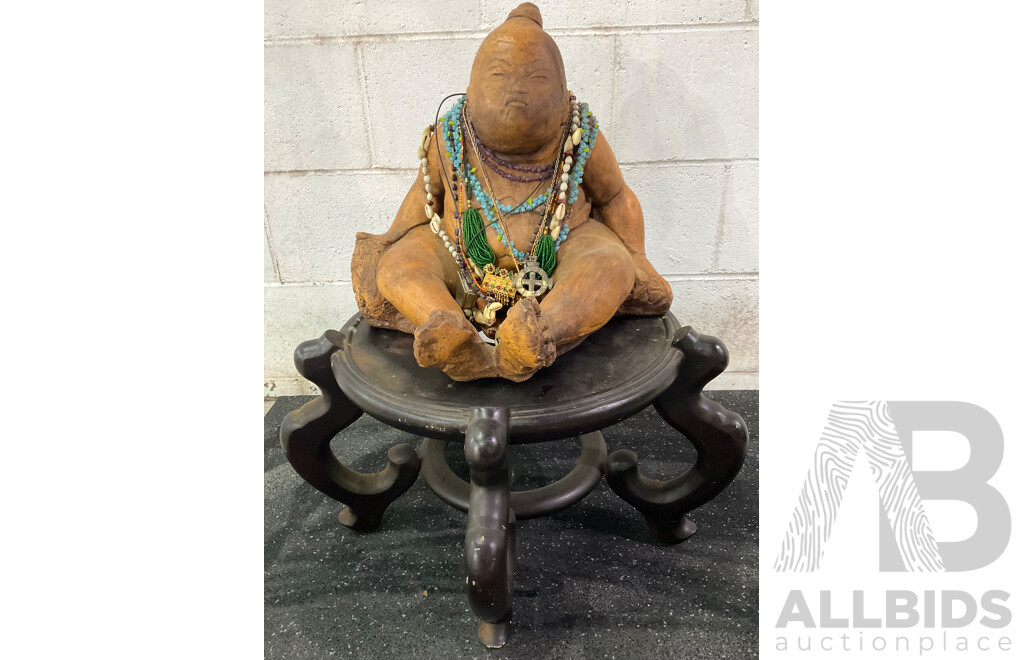 Large Glazed Terracotta Statue on Wooden Plinth