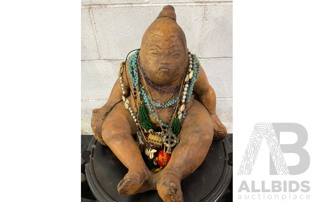 Large Glazed Terracotta Statue on Wooden Plinth