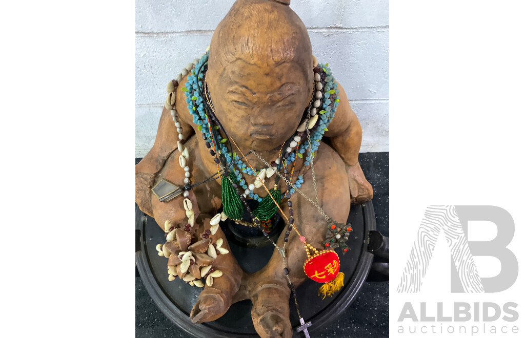 Large Glazed Terracotta Statue on Wooden Plinth
