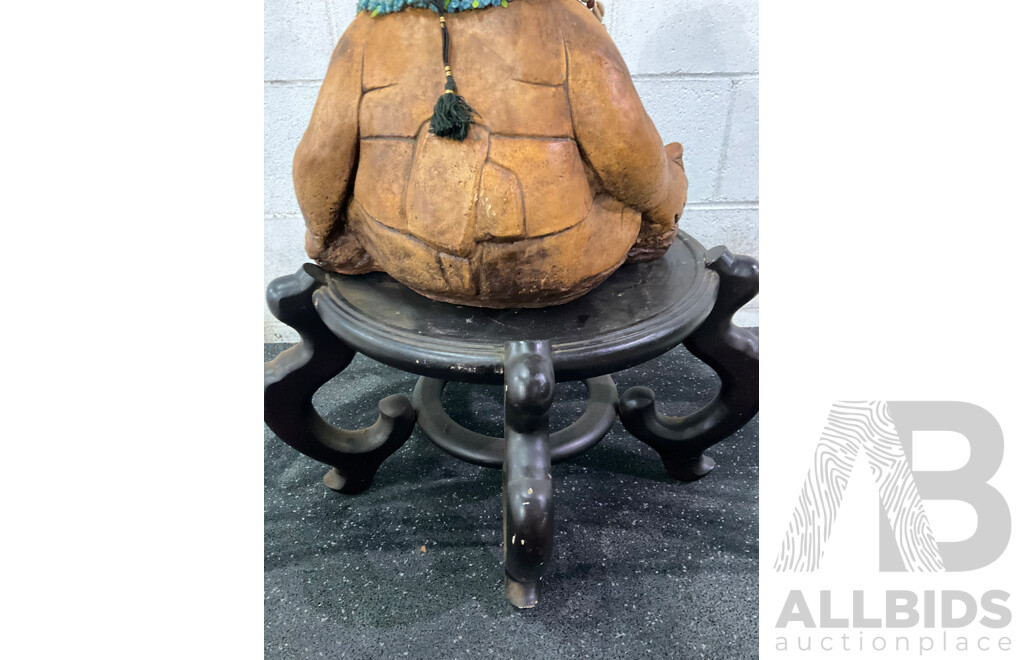 Large Glazed Terracotta Statue on Wooden Plinth