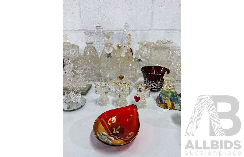 Assorted Crystal and Glass Collection - Including MURANO Red Glass Plate, Perfume Bottles and More