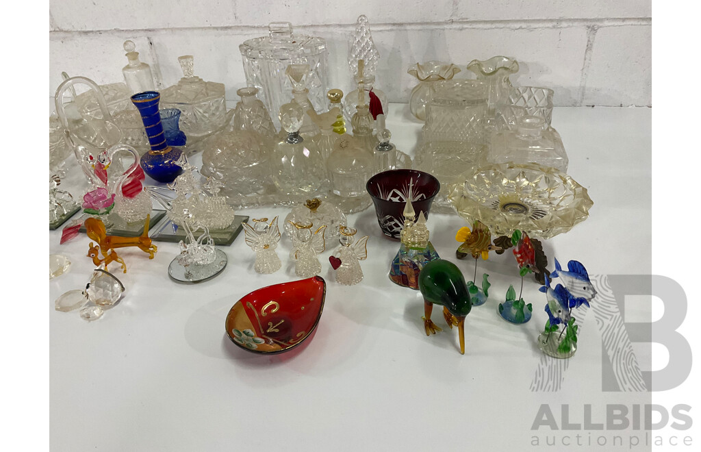 Assorted Crystal and Glass Collection - Including MURANO Red Glass Plate, Perfume Bottles and More