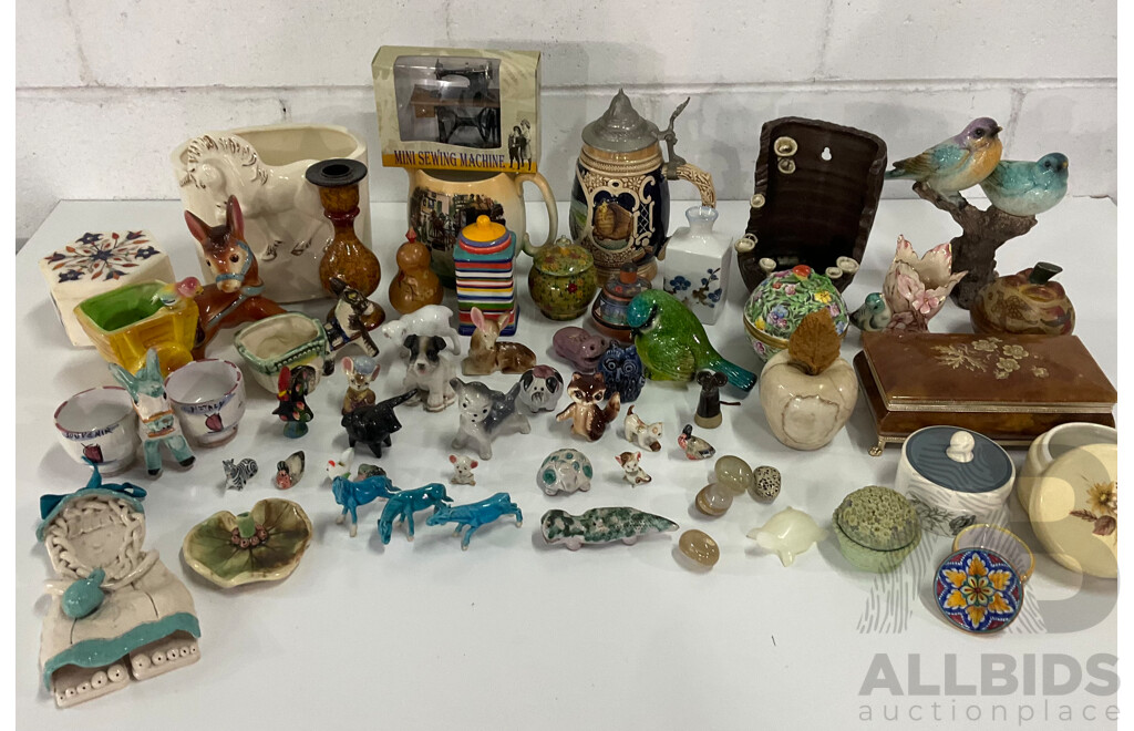 Assorted Miniature Ceramic Figurines, Cigarette Box, Ceramic Trinket Boxes, Onyx Apple, Mini Sewing Machine and More
