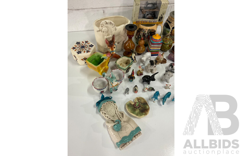 Assorted Miniature Ceramic Figurines, Cigarette Box, Ceramic Trinket Boxes, Onyx Apple, Mini Sewing Machine and More
