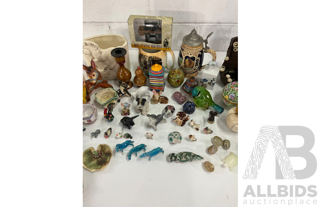 Assorted Miniature Ceramic Figurines, Cigarette Box, Ceramic Trinket Boxes, Onyx Apple, Mini Sewing Machine and More