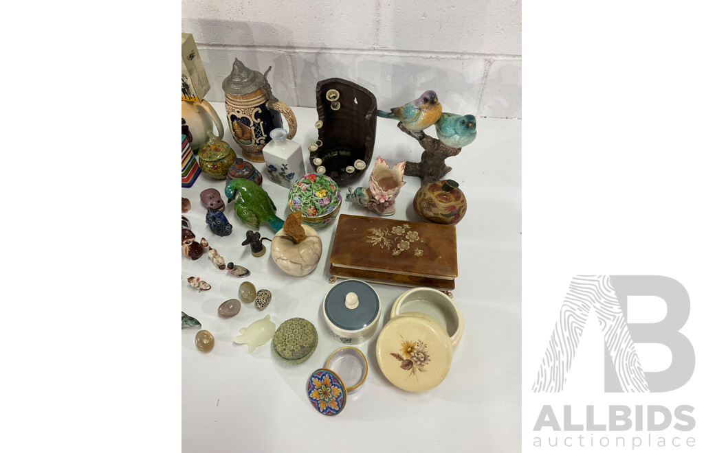Assorted Miniature Ceramic Figurines, Cigarette Box, Ceramic Trinket Boxes, Onyx Apple, Mini Sewing Machine and More