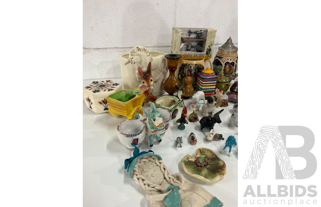 Assorted Miniature Ceramic Figurines, Cigarette Box, Ceramic Trinket Boxes, Onyx Apple, Mini Sewing Machine and More