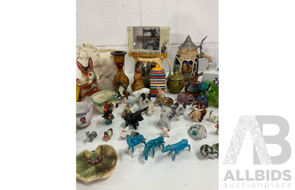 Assorted Miniature Ceramic Figurines, Cigarette Box, Ceramic Trinket Boxes, Onyx Apple, Mini Sewing Machine and More