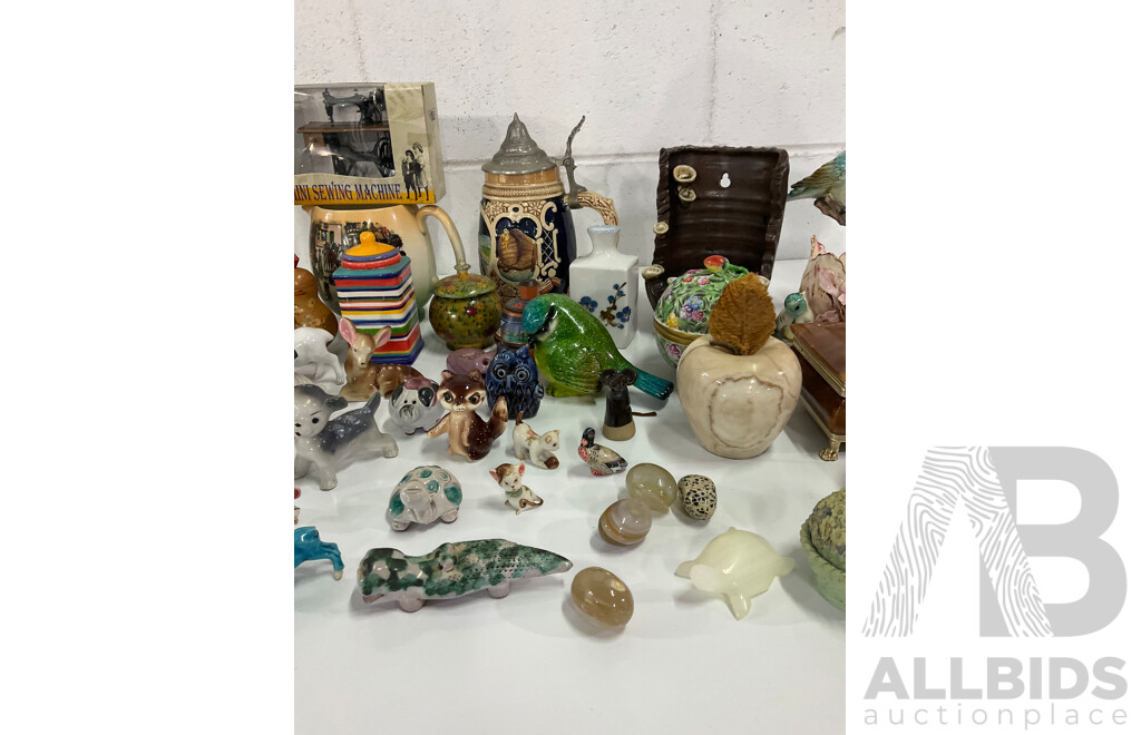 Assorted Miniature Ceramic Figurines, Cigarette Box, Ceramic Trinket Boxes, Onyx Apple, Mini Sewing Machine and More