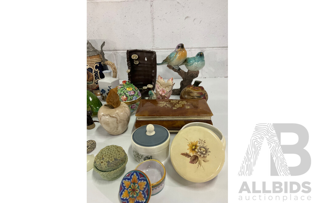 Assorted Miniature Ceramic Figurines, Cigarette Box, Ceramic Trinket Boxes, Onyx Apple, Mini Sewing Machine and More