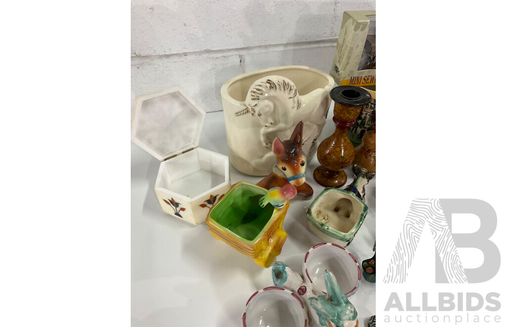 Assorted Miniature Ceramic Figurines, Cigarette Box, Ceramic Trinket Boxes, Onyx Apple, Mini Sewing Machine and More