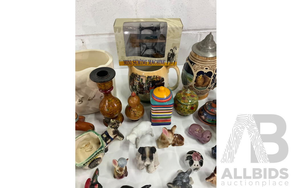 Assorted Miniature Ceramic Figurines, Cigarette Box, Ceramic Trinket Boxes, Onyx Apple, Mini Sewing Machine and More