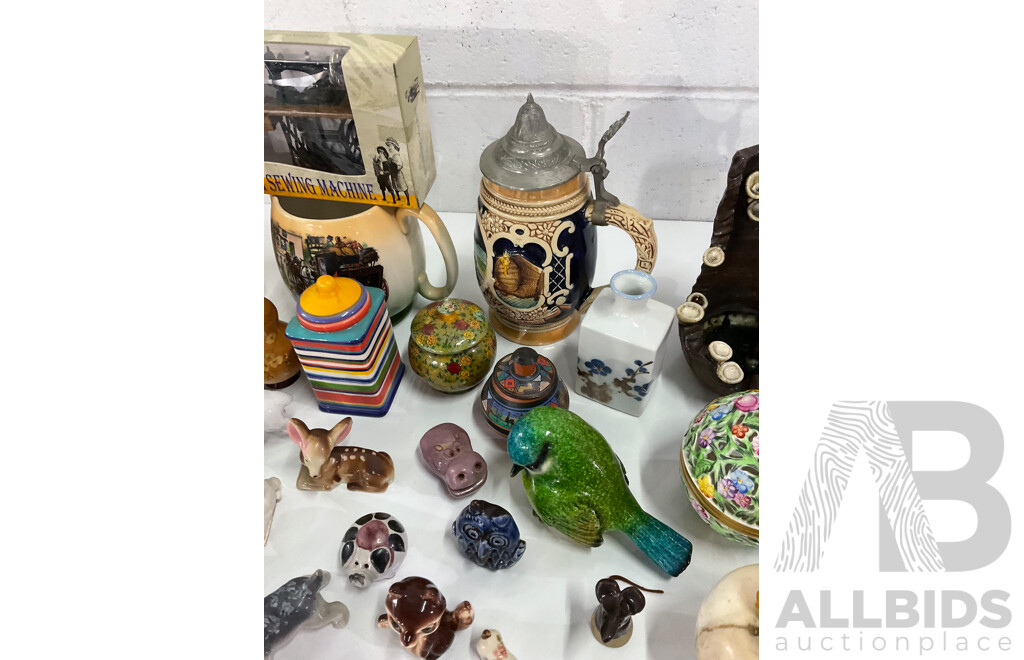 Assorted Miniature Ceramic Figurines, Cigarette Box, Ceramic Trinket Boxes, Onyx Apple, Mini Sewing Machine and More