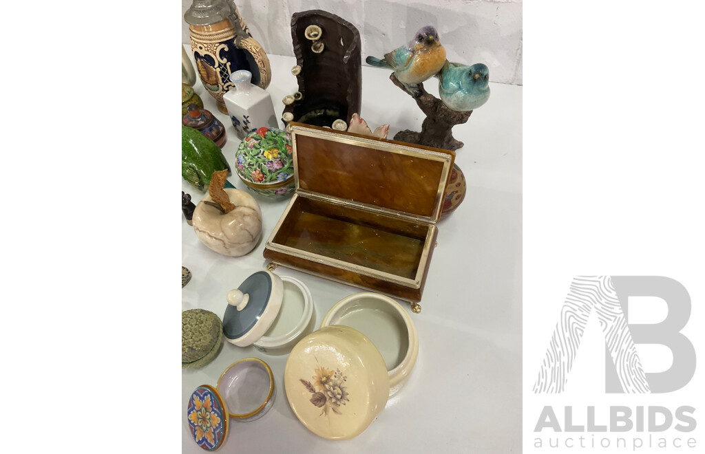 Assorted Miniature Ceramic Figurines, Cigarette Box, Ceramic Trinket Boxes, Onyx Apple, Mini Sewing Machine and More